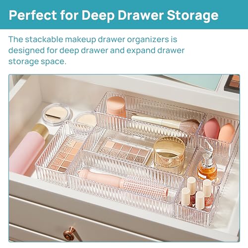 7 PCS Clear Makeup Drawer Organizers Bins, 4-Size Stackable Makeup and Vanity Organizer Trays, Acrylic Bathroom Storage Containers for Cosmetic, Toiletries, Office Supply, Utensils, Gadgets - view 3