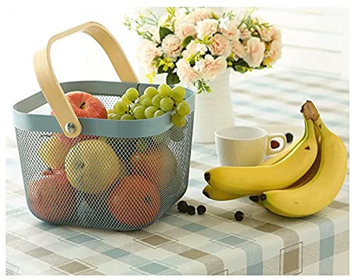 Metal Mesh Steel Basket, Storage Organizer Basket Multi-functional Hanging Kitchen Baskets Fruit Basket Bin with Bamboo Handle for Kitchen Bathroom Picnic Shopping Decor Cabinet Home, Blue - view 3