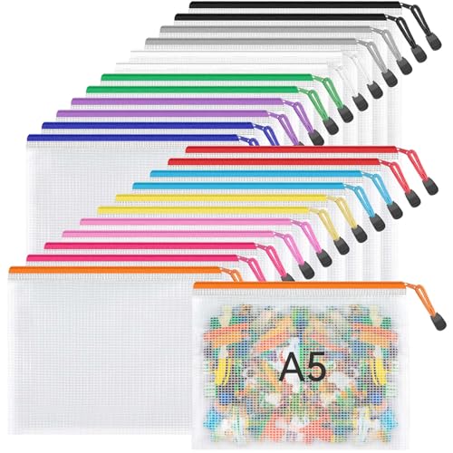 24 Pack A5 Mesh Zipper Pouches, 12 Colors Storage Organizer Bags