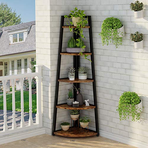 5 Tier Corner Bookshelf and Bookcase, 70 inch Tall Corner Shelves Standing Shelving Unit Indoor Plant Stand for Living Room, Kitchen, Home Office (Brown) - view 5