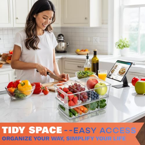 Stackable 4-Compartment Pantry Organizers and Storage, Clear Plastic Storage Bins with Removable Dividers Suitable for Pantry, Office, Kitchen, Cabinet & Fridge Organization, 2-Pack - view 7
