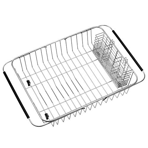 Expandable Dish Drying Rack Organizer and Utensil Cutlery Holder, 304 Stainless Steel Over Sink Dish Rack, Dish Drainer in Sink or On Counter, Rustproof