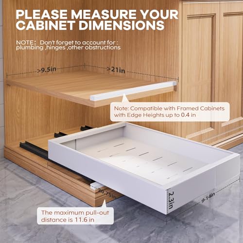 2 Pack Expandable (9"-14") Pull Out Cabinet Organizer 21" Deep With Raising Pad for Framed Cabinets,Upgrade 3 Slide Rails Slide Out Drawers,No Drill Roll Out Shelves Adhesive,White - view 3