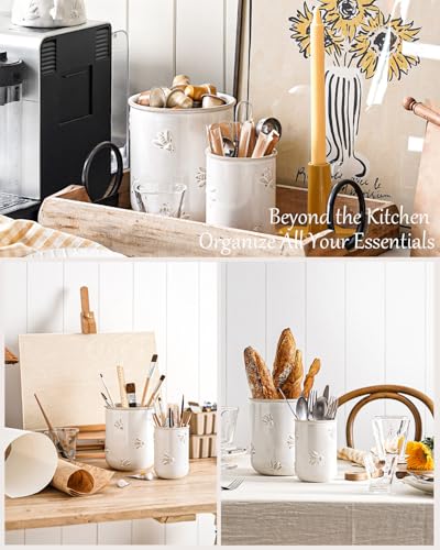 Kitchen Utensil Holder Set of 2 - 6.9"+5.3" Large Ceramic Cooking Utensil Crock & Organizer for Spatula, Spoon, Whisk - Farmhouse Countertop Storage, Arctic White, Embossed, Bee - view 4