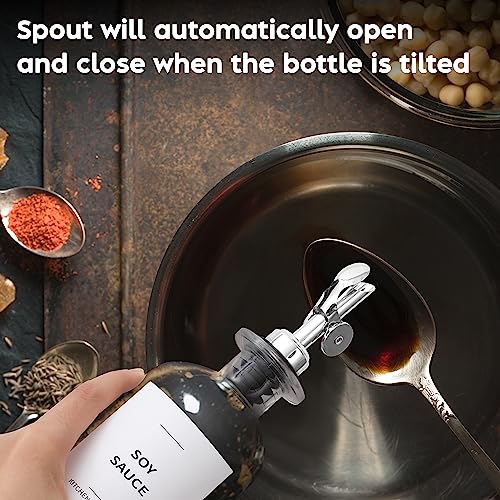 Olive Oil Dispenser Bottle - Includes 55 Kitchen Essential Labels - Cooking Oil Bottles for Kitchen, Coffee Syrup Dispenser - Pourer Spout with 11.8 fl oz Glass Container Cruet - 4pcs Silver - view 7