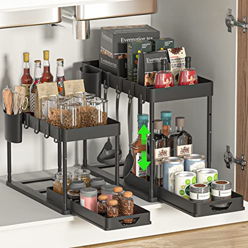 Under Sink Shelf Kitchen Organiser 2-Tier Drawer Organiser Liftable Cabinet Organiser Kitchen with 4 Hooks, 8 Non-Slip Pads & 1 Hanging Cup Storage (2 Pack, Black)