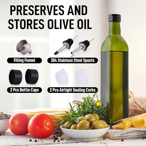 17oz Olive Oil Dispenser Bottle – Glass Oil Cruet with Spout, Funnel & Pourers, Easy-Pour Decanter for Kitchen Cooking and Serving (Green) - view 3