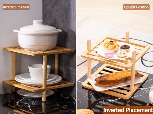 2-Tier Bamboo Plate Organizer,Corner Shelf for Kitchen | Pantry Storage,Dish Rack,Spice Rack,Corner Organizer,Kitchen Counter Shelves,Kitchen Storage,Holds Plates - view 4