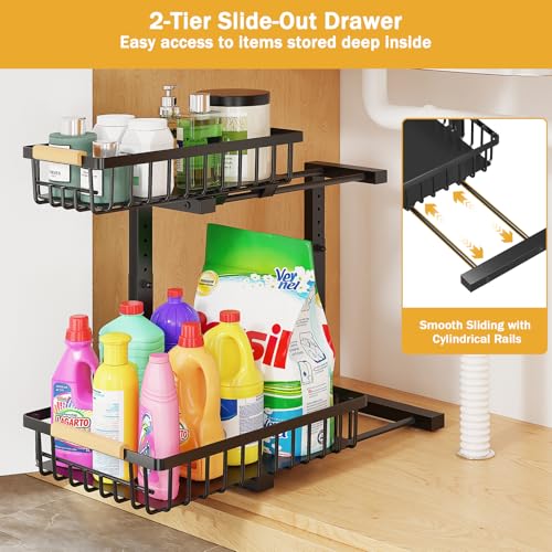 CARQSENG Under Sink Organizer 16" Deep Pull Out, 2 Tier Height-Adjustable (13.8-17in) Under Sink Organizers and Storage, Metal Under Sink Drawers Slide Out for Kitchen Bathroom - view 4