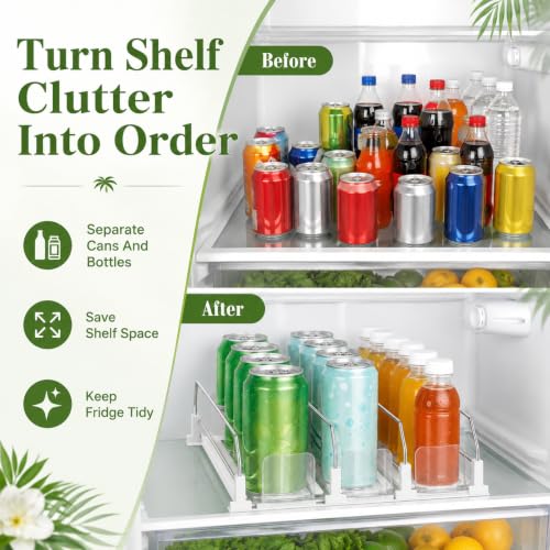 Drink Organizer for Fridge, Adjustable Width Soda Can Dispenser for Refrigerator Organizers and Storage, 3 Rows Beer Bottle Beverage Holder with Pusher Glide (14.96" D, White) - view 6