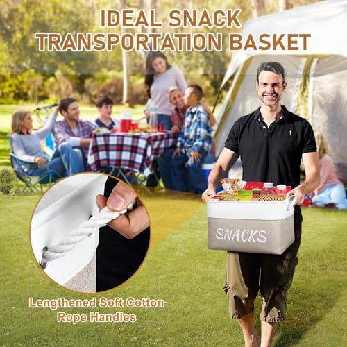Snack Organizer for Pantry, Decorative Snack Basket with 10pcs Chip Clips, Snack Organizer for Desktop, Collapsible Snack Storage Basket Shelf, Office, Kitchen and More (Beige, Medium-2 Pack) - view 3