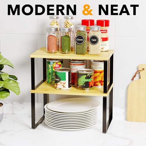 Cabinet Shelf Organizers 2 Pack, Kitchen Counter Rack Shelves Riser, Stackable Expandable Spice Rack, Pantry Cupboard Storage Organization (Black and Natural, Short) - view 5