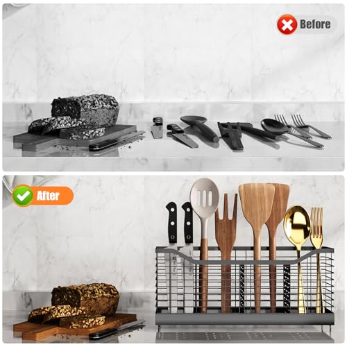 Extra Large Kitchen Utensil Holder Exquisite And Durable Kitchen Utensil Organizer，Knife Fork Spatula Utensils Drainage Rack Basket Accessories With Hooks, Rust Proof，Non-Slip Feet（4compartments） - view 5