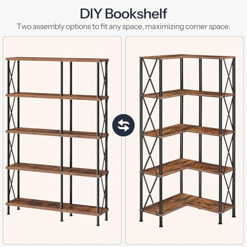 Corner Bookshelf, 5-Tier L-Shaped Bookcase, Industrial Open Display Shelf Tall Storage Organizer, Vertical Storage Rack, for Living Room, Home Office, Rustic Brown and Black BF60SJ01 - view 5