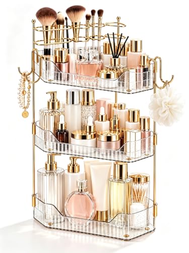 3-Tier Corner Makeup Organizer Countertop, Bathroom Counter Organizer with Removable Brush Holder, Upgraded Shrimmering Vanity Organizer & Shelf for Skincare, Perfume and Bathroom Storage