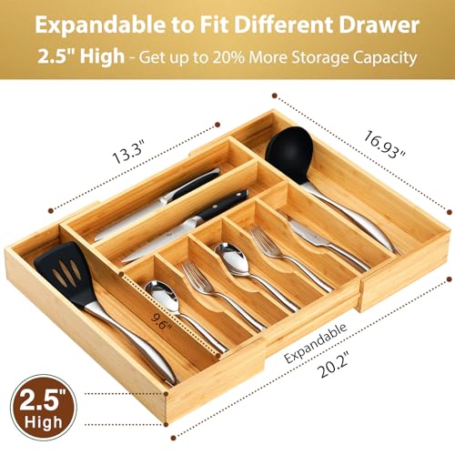 Large Expandable Kitchen Silverware Utensils Drawer Organizer, 2.5" Extra High Adjustable Drawer Divider with Curved Grooves, Bamboo Wood Cutlery Tray Flatware Holder - view 2
