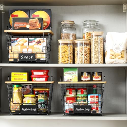 2 Set Large Stackable Wire Basket with Bamboo Tops & Tag- Pantry Organizer and Storage Bins, Kitchen Counter Cabinet Shelf Countertop Under Sink Organizing for Food Snack Produce Onion Potato Bread - view 2