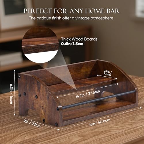 Wooden Liquor Bottle Display Shelf, 2 Tier Countertop Liquor Wine Rack, Coffee Syrup Rack Organizer, Mini Bar Home Retro Bar Shelves Stand for Bourbon Whiskey, Spirits, Alcohol Storage - view 4