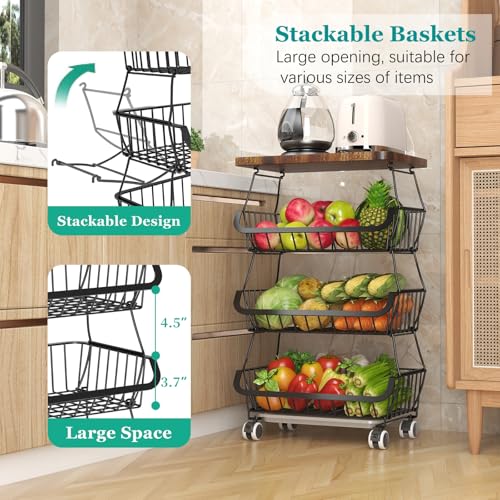Fruit Basket with Wooden Lid for Kitchen, 4-Tier Stackable Wire Fruit Vegetable Storage Basket Organizer Stand on Wheel, Produce Basket Potato Onion Storage Bins Rack Cart for Pantry - view 3
