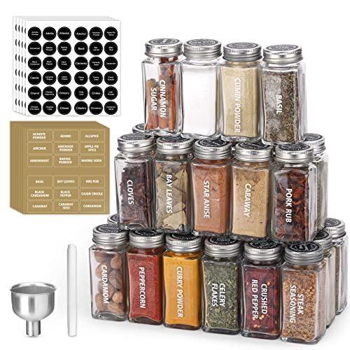 28 Pcs Clear Glass Spice Jars,3.5 oz Glass spice jar with 324 labels, Funnel,Chalk Pen,Shaker Lids and Airtight Metal Caps, Empty Square Spice Bottles for Spice Rack, Cabinet, Drawer