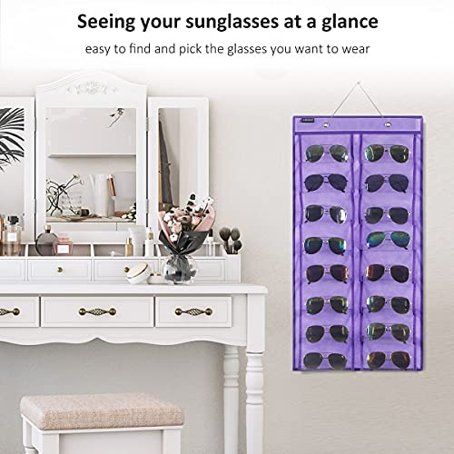 Over the Door Hanging Sunglasses Organizer Storage Sunglass Rack Holder Eyewear Display Case with 16 Clear Dust Proof Pockets (16 Pockets-Purple) - view 3