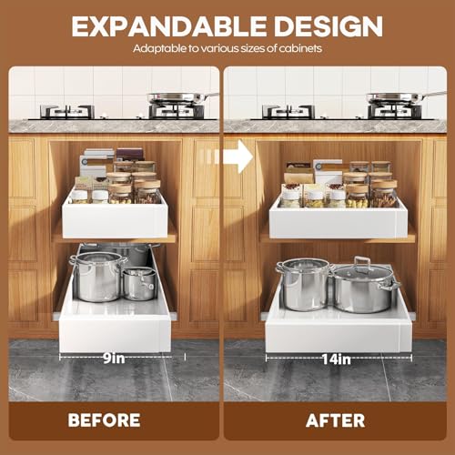 2 Pack Expandable (9"-14") Pull Out Cabinet Organizer 21" Deep With Raising Pad for Framed Cabinets,Upgrade 3 Slide Rails Slide Out Drawers,No Drill Roll Out Shelves Adhesive,White - view 4