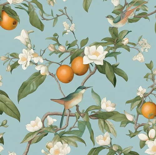 Vintage Blue Bird Floral Botanical Wallpaper 17.5"x118"