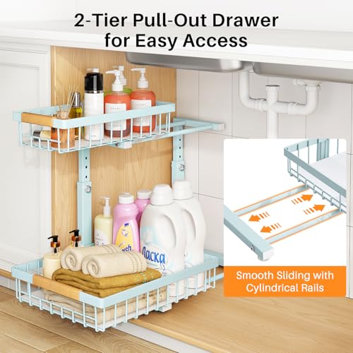 Under Sink Organizer, Adjustable Height, 2 Tier Pull Out Under Cabinet Organizer, Slide Out Thickened Metal Under Sink Storage for Kitchen Bathroom Laundry Pantry Cabinet, Blue, Large-1-Pack - view 4