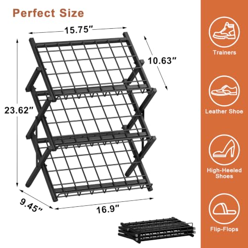3 Tier Foldable Metal Shoe Rack, Organizer, Black - view 3