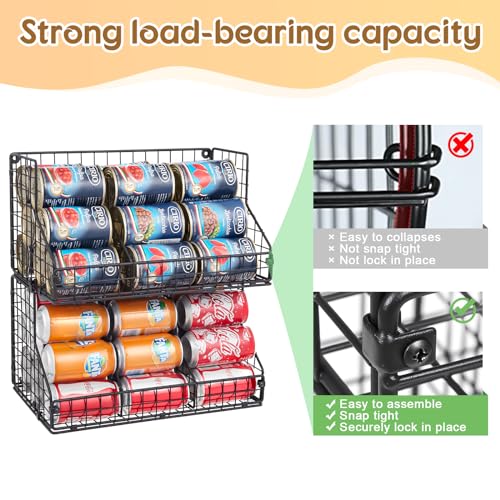 2 Pack Stackable Can Rack Organizer for Pantry Storage,Can Dispensers with 4 Adjustable Dividers, 2-Tier Metal Wire Basket Beverage Pop Soda Rack for Kitchen Cabinet Pantry, Black - view 6
