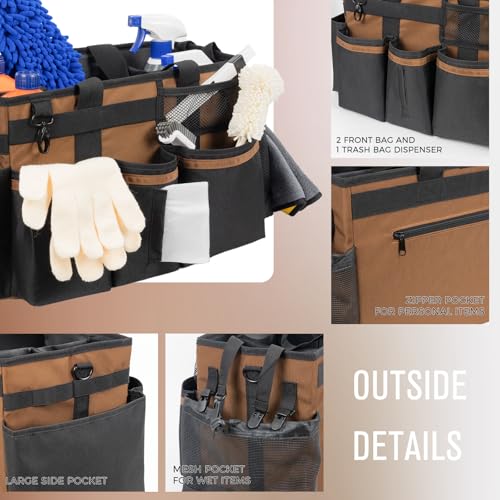 Wearable Cleaning Caddy, Cleaning Caddy Supplies Organizer with Handle & Shoulder Straps for Housekeepers, Under Sink & Car Cleaning Tool Organizers Bag with 4 Foldable Divider (Brown) - view 3