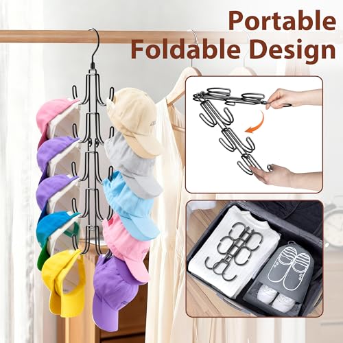 Hat Hangers for Closet, Collapsible Hat Organizer with 10-Hook, Stainless Steel Hat Holder, 360° Rotating Hat Storage Rack for Baseball Caps - view 3