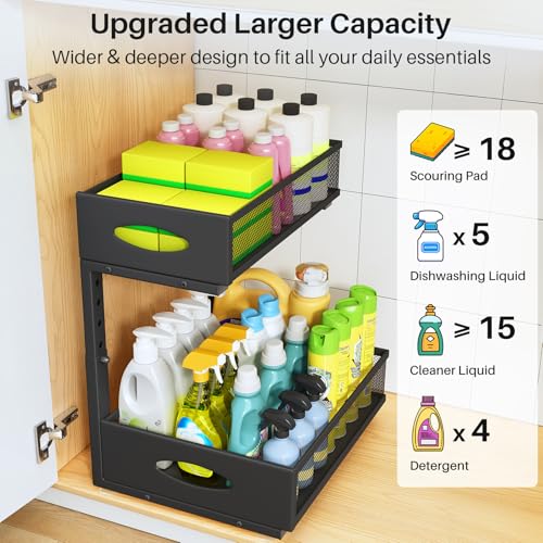 Under Sink Organizer, 2 Pack 2 Tier Pull Out Under Cabinet Organizer Shelf with Pad for Framed Cabinets, Metal Slide Out Under Sink Storage, Mesh Sliding Drawers for Kitchen Bathroom Laundry, Black - view 4