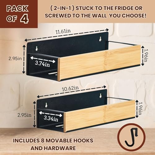 (4 Pack) Magnetic Spice Storage Rack Organizer for Refrigerator and Oven, Real Bamboo, 4 Strong Magnetic Shelf, Black Fridge Storage, Spice Rack Organizer, high quality metal - view 2