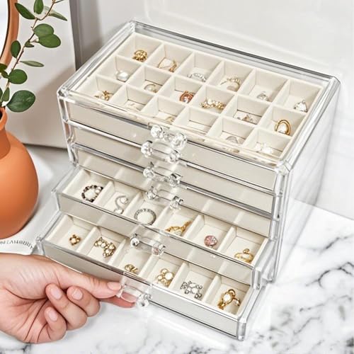 Acrylic Earring Holder Organizer with 5 Drawers Clear Earring Organizer Box with 90 Adjustable Grids Velvet Earring Display Case Jewelry Organizer for Earrings Rings Studs (Beige) - view 3