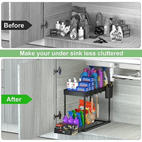 Under Sink Shelf Kitchen Organiser 2-Tier Drawer Organiser Liftable Cabinet Organiser Kitchen with 4 Hooks, 8 Non-Slip Pads & 1 Hanging Cup Storage (2 Pack, Black) - view 6