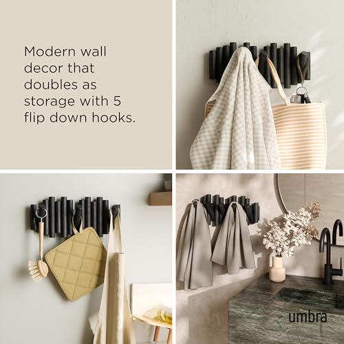Picket Wall-Mounted Coat Rack Rail Hook with 5 Retractable Wood Pegs – Modern, Space-Saving Storage Organizer, Black - view 4