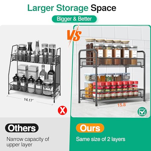 Spice Rack Organizer for Countertop, 2-Tier Foldable Metal Rust-Proof Standing Large Seasoning Storage Shelf with Guardrail and Mesh Design for Kitchen Cabinet Bathroom Living Room Pantry, Black - view 4