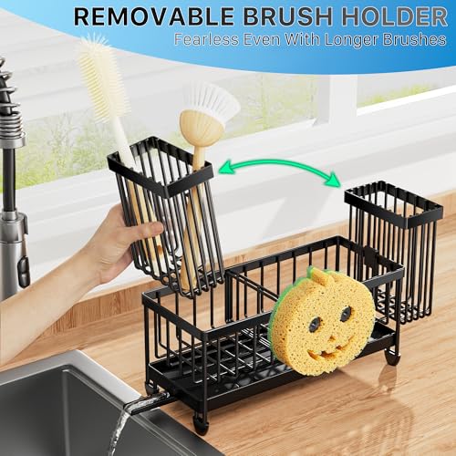 Sponge Holder for Kitchen Sink, Sink Caddy Organizer with High Brush Holder, Kitchen Countertop Organizers and Storage Essentials, Rustproof 304 Stainless Steel (Black with Smiley Face, 9.25″) - view 3