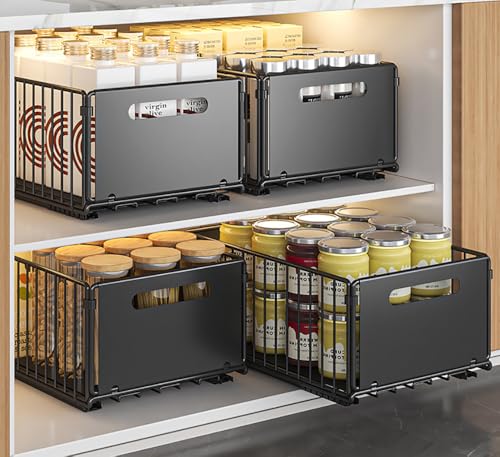 Pull Out Cabinet Organizer, Black, 4Piece 9.8" W X15 D X7.5 H