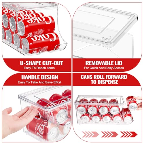 2 Pack Stackable Refrigerator Organizer, Soda Can Dispenser Pop Cans Container Beverage Holder with Lid for Fridge, Freezer, Kitchen, Clear Plastic Storage Bins-Holds 10 Cans Each - view 3