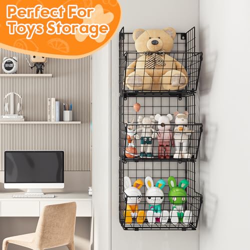 Metal Wire Basket Wall Mount, 3 Tier Wall Storage Organizer with 5 S Hooks, Kitchen Fruits and Vegetables Bin Toys Organizer Hanging Basket Black (S (10.83" L x 10.63" W x 30" H)) - view 4