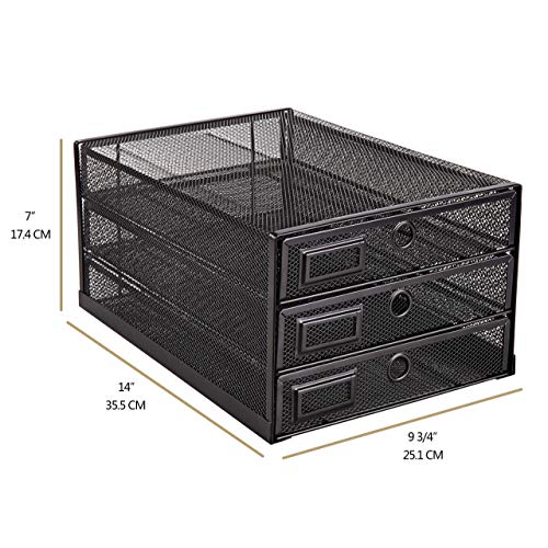 Desk Organizer Wire Mesh 3 Tier Sliding Drawers Paper Sorter/Multifunctional/Premium Solid Construction for Letters, Documents, Mail, Files, Paper, Kids' Art Supplies (Black) - view 3