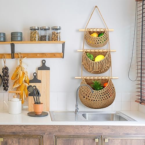 4 Pcs Small Hanging Fruit Baskets for Kitchen, Compact Boho Wall Organizer with 1 Three Tier Basket and 3 Teardrop Baskets with Hooks, Cotton Rope Storage for Garlic Onion Small Fruits(Brown) - view 4