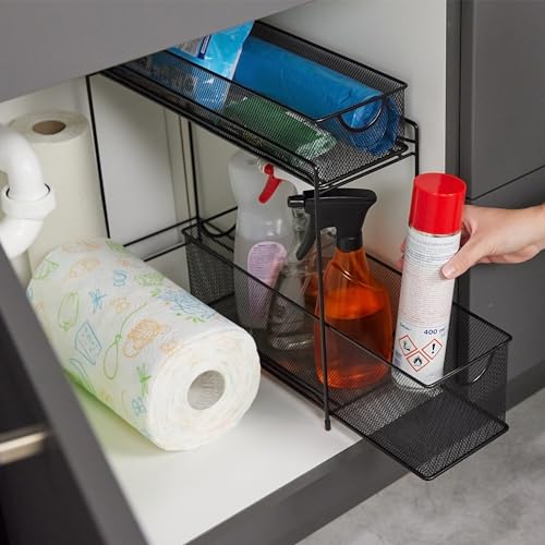Kitchen Cabinet Organiser, Pull-out Base Unit Shelf, 2 Drawers, Metal Baskets, HWD: 40 x 15 x 46 cm, Black - view 2