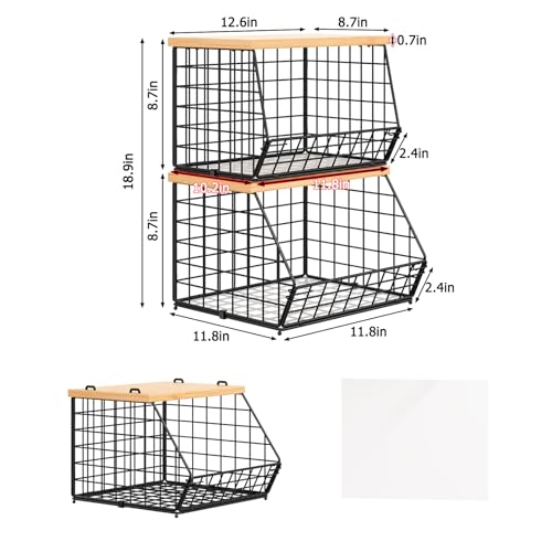 2 Set Stackable Wire Basket with Wooden Tops & Pad for kitchen organizers and storage, XXL Kitchen Counter Organizer for Fruit, Vegetable, Bread, Potato and Onion Storage Bin - view 6