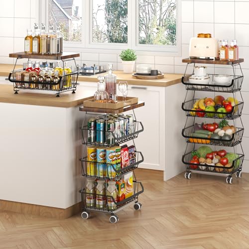 Fruit Basket with Wooden Lid for Kitchen, 4-Tier Stackable Wire Fruit Vegetable Storage Basket Organizer Stand on Wheel, Produce Basket Potato Onion Storage Bins Rack Cart for Pantry - view 7