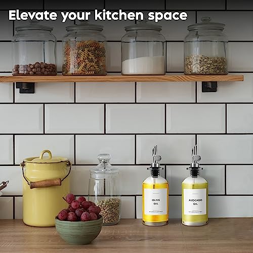 Olive Oil Dispenser Bottle - Includes 55 Kitchen Essential Labels - Cooking Oil Bottles for Kitchen, Coffee Syrup Dispenser - Pourer Spout with 11.8 fl oz Glass Container Cruet - 4pcs Silver - view 5