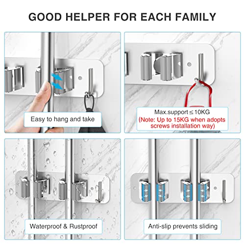 Wall Mount Mop and Broom Holder, Heavy Duty Stainless Steel Organizer Rack with Hooks | 2-Pack, 2-in-1 No Drill & Screw Installation, Silver - view 4
