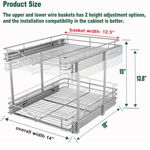 2 Tier Pull Out Cabinet Organizer (14" W X 18" D), Double Tier Wire Basket Slide Out Shelf Storage for Kitchen Base Cabinet Organization ​for Kitchen, Pantry, Bathroom, Chrome - view 2